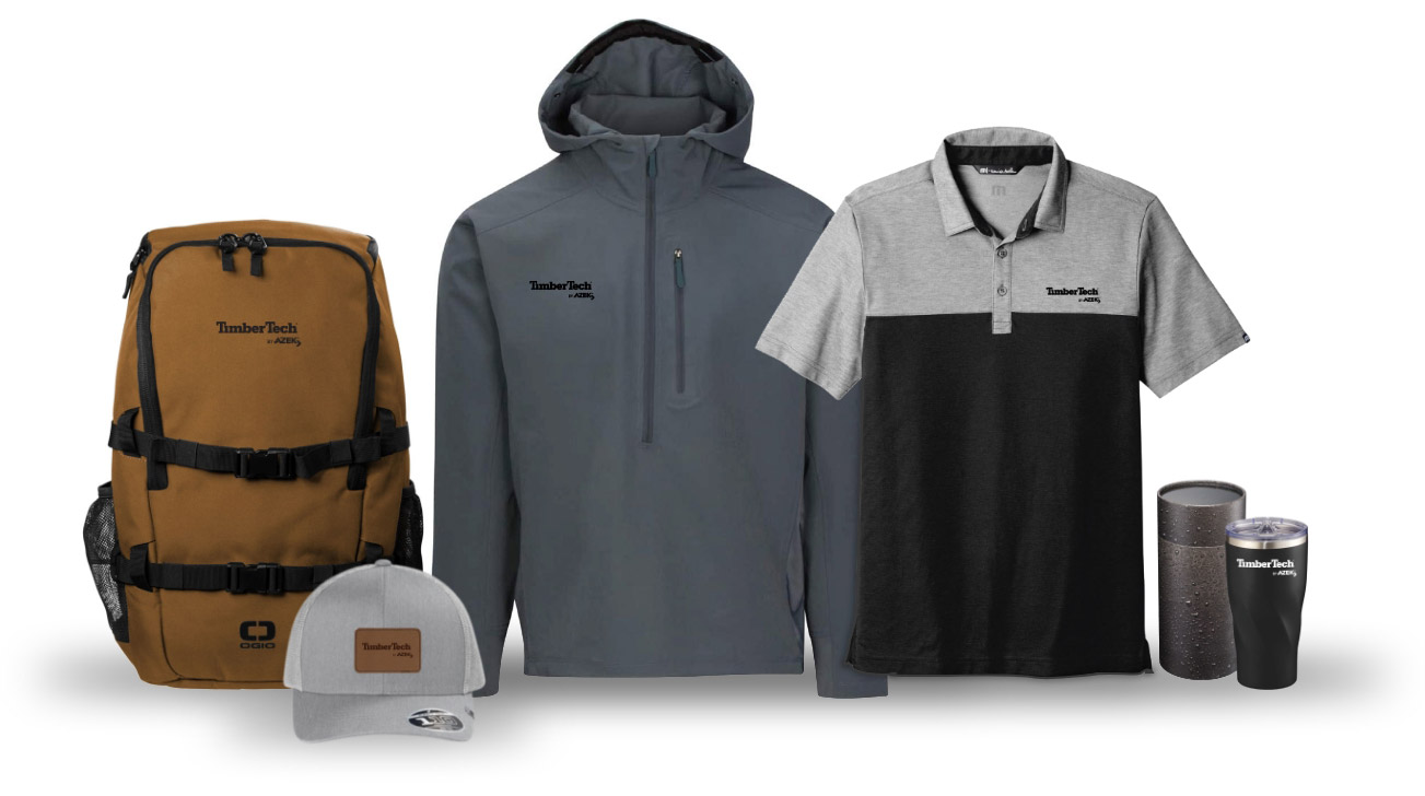 TimberTech by AZEK branded swag: a backpack, a hat, a half zip hoodie, a collared shirt, and coffee tumbers