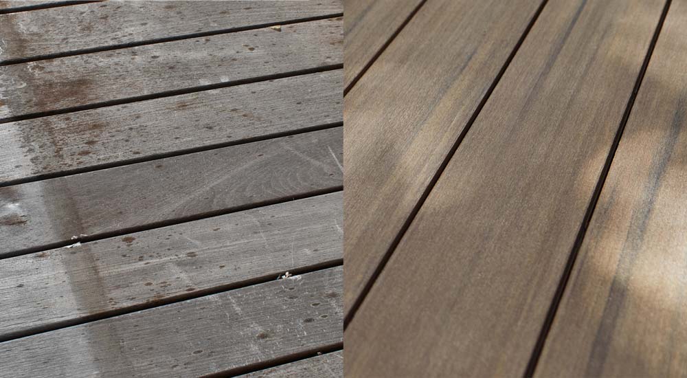 Before and after image of a deck build, old, rotting, stained Ipe boards are shown on left, and weathered teak boards on right show no discoloration or damage after years of use.