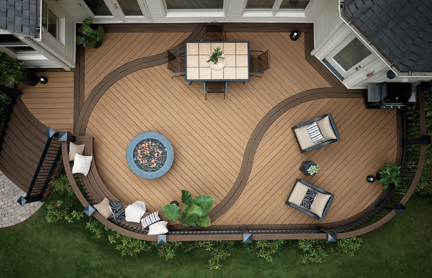 An above view of the entire patio layout with English Walnut and Antique Leather boards.