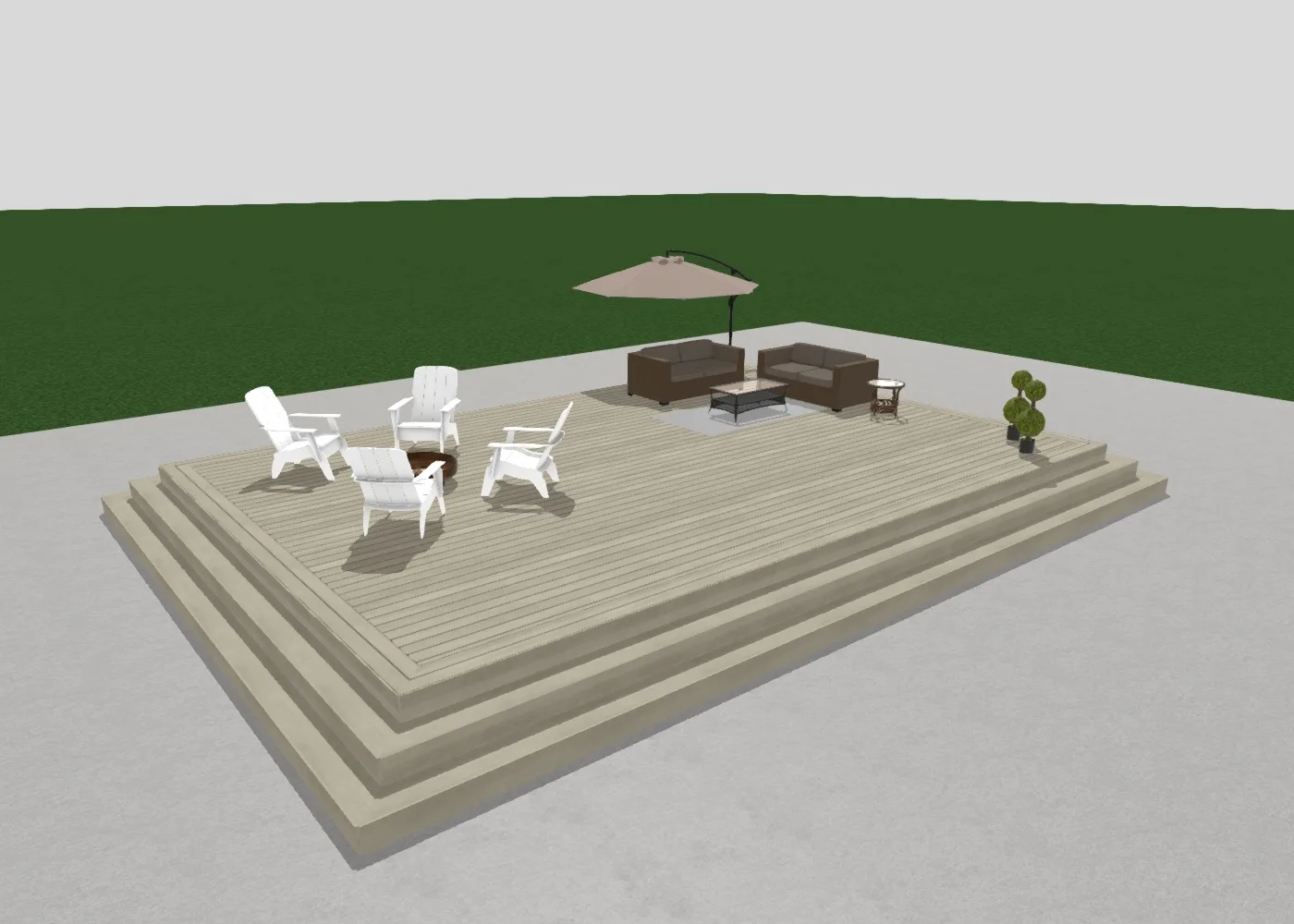 A 3D rendering of four white patio chairs, brown couches a round glass topped table and end table. The couches are shaded by a brown tan umbrella. The rendering is surrounded by a green rectangular prism. This rendering has been created with the TimberTech's 3D Deck Designer.