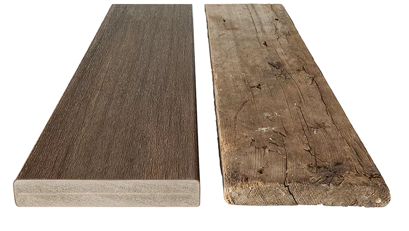 TimberTech vs Wood decking and visual of each product over time. A smooth dark deck board which displays the innards of the board. Wood deck board showing age, damage and wear. Wood grain and cracking are visible and the innards of the board are visible. 