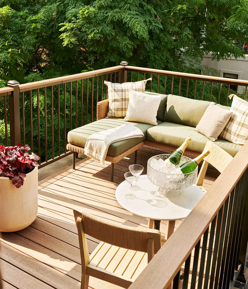 Another image of the rooftop deck trimmed in Classic Black Aluminum Railing. The warm sun shines down the warm brown deck as two bottles chill in a glass ice bucket. 