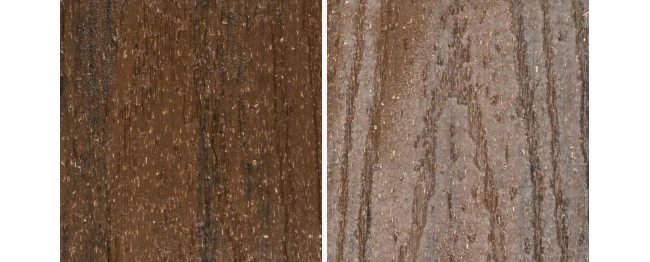 A competitor's decking displays considerate change in decking coloration after fade-resistance testing