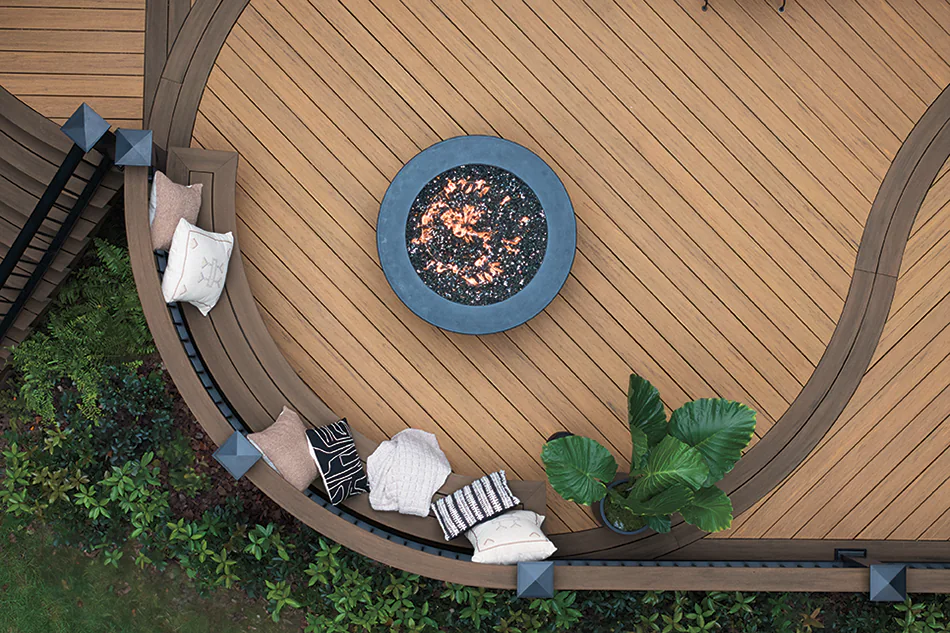 Overhead shot of a deck with a fire pit