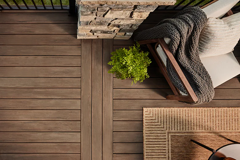 Overhead shot of a deck with richly hued dark brown deck boards